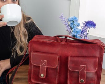 Red Leather Crossbody Bag for Women – Vintage Shoulder Bag with Pockets – Small Messenger Bag For Work - Womens Leather Satchel
