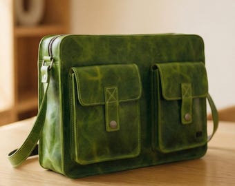 Handmade Lime Green Leather Messenger Bag, Vintage Satchel, Crossbody Work Bag