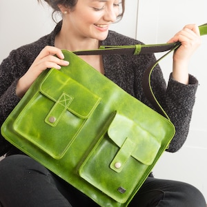 Lime green leather laptop bag women, leather messenger bag, computer bag women, green leather bag for work, women school cross body bag