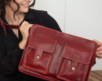 Laptoptas voor dames: rode leren casual tas, crossbodytas voor casual zwarte outfit, grote tas voor kantoor, leren geschenken