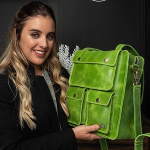 Green Leather Bag - Lime Green Small Backpack - Convertible Backpack Women - Green Laptop Bag - Retro Shoulder Bag - Tote Bag for Work