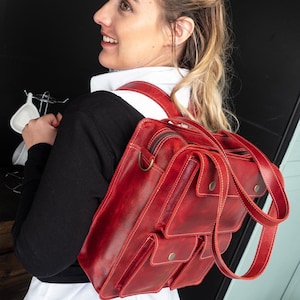 Red cute backpack women, leather backpack tote for work, convertible everyday backpack, small leather backpack purse, red leather bag women
