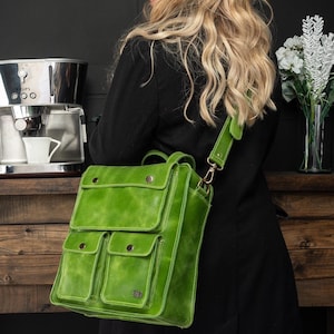 Green Leather Bag - Lime Green Small Backpack - Convertible Backpack Women - Green Laptop Bag - Retro Shoulder Bag - Tote Bag for Work