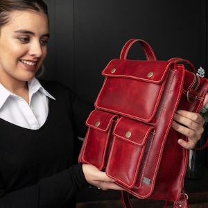 Convertible backpack for women, red leather backpack for work, small laptop backpack women, red leather bag for laptop, work bag for mom