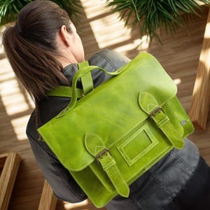 Green Leather Convertible Backpack, Women’s Laptop Messenger Bag, Vintage Satchel Briefcase for Work, Green Shoulder Bag