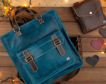Work leather backpack bundle, leather bundle for women, personalized gift for her, mini leather bag and blue leather laptop backpack women