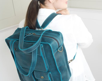 Turquoise Leather Convertible Backpack for Travel and Everyday Use, Blue Leather Travel Backpack, backpack purse for laptop