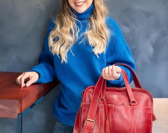 Red Leather Shoulder Bag – Burgundy Crossbody Purse, Vintage Top Handle