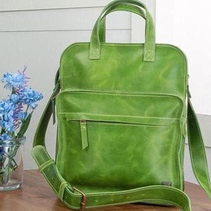 Green Leather Shoulder Bag – Vintage Handbag for Women – Genuine Leather Purse for Work  – Lime Green Top Handle Travel Tote