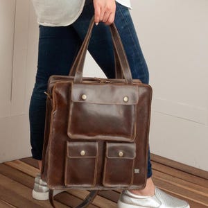 Convertible Leather Backpack Tote: Handmade Brown Crossbody Laptop Bag