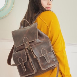 Vintage Leder Rucksack - Brauner Leder Rucksack für Damen - Leder Reisetasche für Arbeit - Schule Umhängetasche