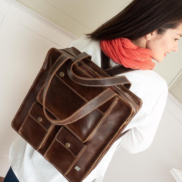 Brown Leather Convertible Backpack, Work Tote, Laptop Bag