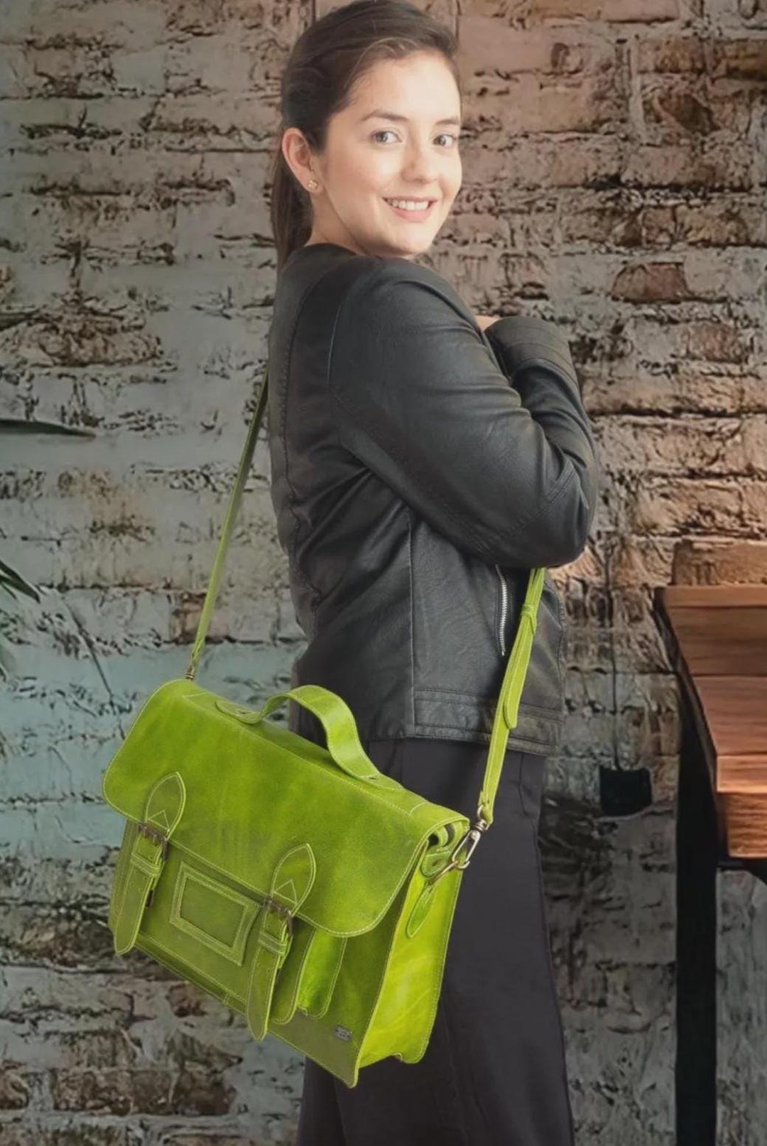 Lime Green Leather Flap Backpack Neon Lime Convertible Leather Backpack Purse for Women  main image 3