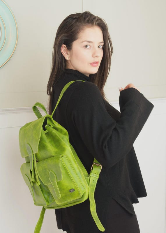 bright green leather backpack Leather Backpack Women, Green Backpack, Laptop Backpack for Work, Backpack  Purse, Leather Boho Bag Women, Backpack Vintage, Lime Green Bag