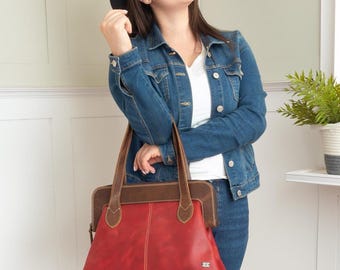 Red Leather Purse Doctor Bag Style - Vintage Handbag for Women - Top handle women bag for work