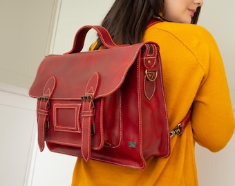 Leather satchel backpack, vintage backpack red leather, laptop bag for work, bag briefcase women, messenger bag women, convertible backpack