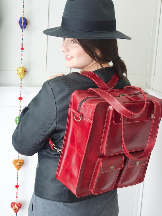 Convertible Leather Backpack Women, Red Laptop Bag, Large  display picture 2