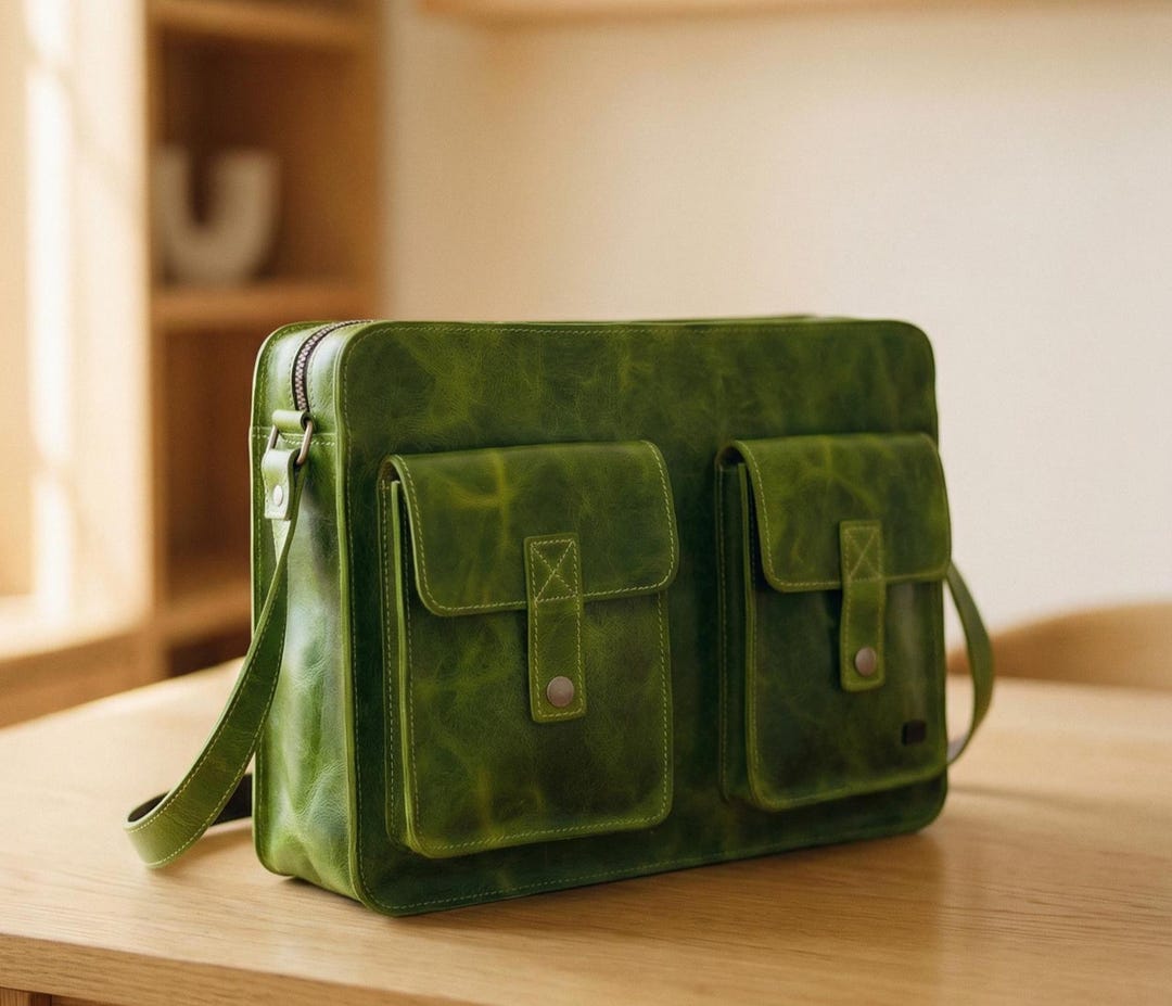 Mens Green Leather Bag - Messenger Briefcase for Work - Leather