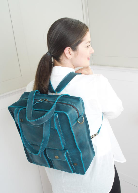 Turquoise Leather Convertible Backpack for Travel and 