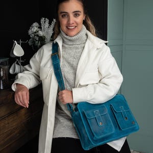 Leather Messenger Bag Women, Navy Blue Crossbody Laptop Bag, Vintage School Satchel Shoulder Purse