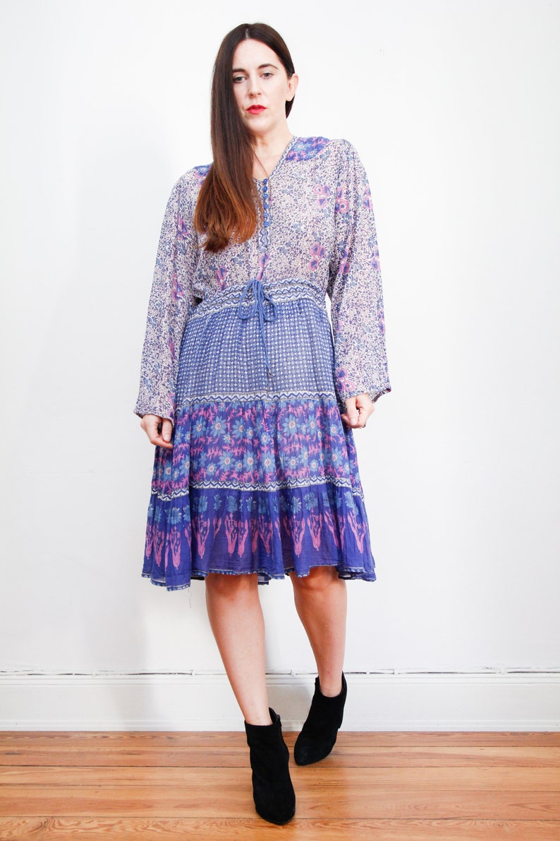 Vintage Indian Cotton Gauze Dress Boho Dress Hippie Dress Ethnic Floral Gauze Cotton Dress 70s