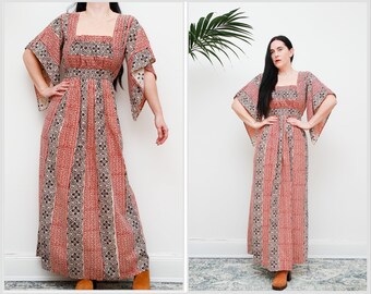 Vintage Indian Cotton Kaftan Batik Hippie Angel Sleeve Kaftan Boho Maxi Dress 70's