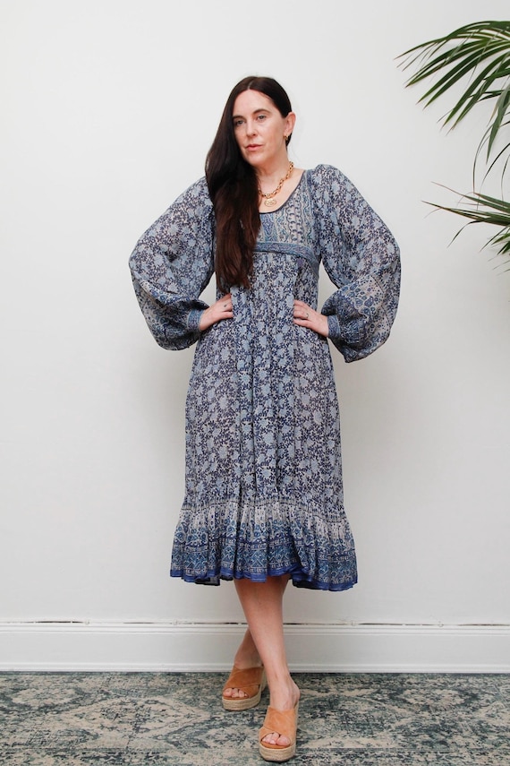70s Blue Indian Cotton Gauze Dress, Bohemian Floral Poet Billowing Sleeve, Ethereal Gown - Etsy 70s Blue Indian Cotton Gauze Dress, Bohemian Floral Poet Billowing Sleeve, Ethereal Gown - Etsy