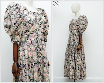 Vintage Floral Prairie Cottage Core Puffy Sleeve Folklore Maxi Dress 70's Rare
