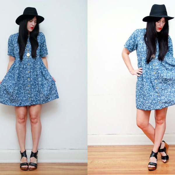 Floral Denim Dungaree 90s Grunge Revival Mini Dress