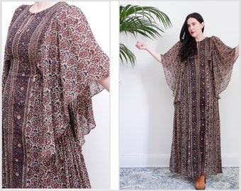 Vintage indio algodón Kaftan Batik Hippie Angel manga Kaftan Boho Maxi vestido 70's