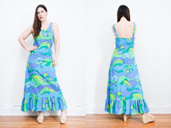 Vintage Floral Hippie Dress Backless Open Back Bo