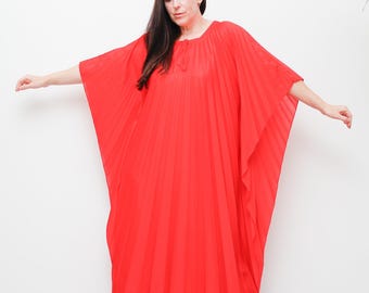 70’s Red Pleated Kaftan Dress, Vintage Accordion Pleats, Bohemian Goddess Day to Night Maxi Dress