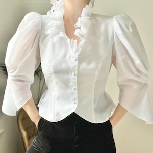 80’s White Gothic Blouse, Vintage Ruffle Victorian Style Shirt,  Vampish Top, M