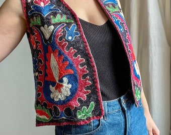 Vintage Afghan Floral Hippie Boho Floral  Ethnic Festival Vest Waistcoat 70's RARE