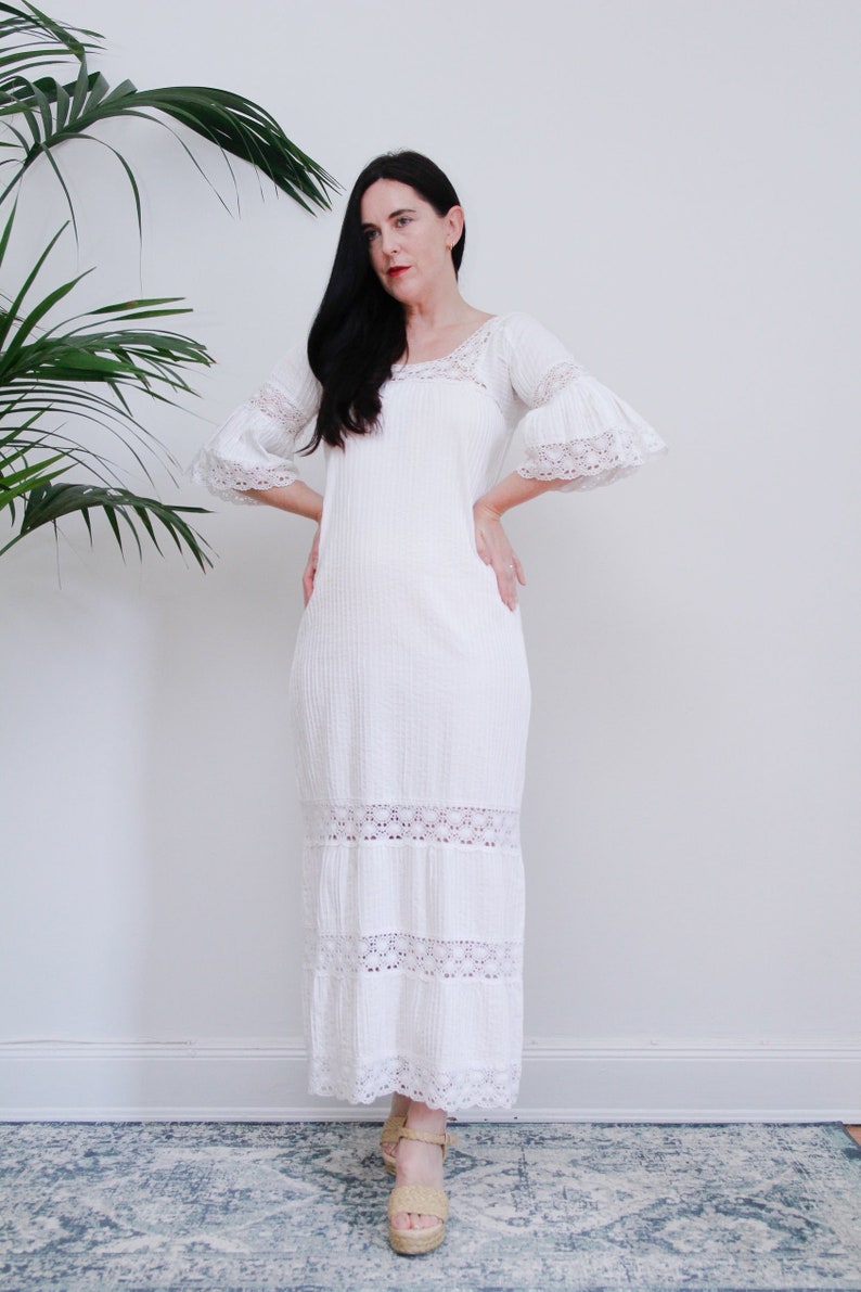 Vintage White Cotton Lace Mexican Wedding Dress Kaftan Oaxaca Dress 70's image 7