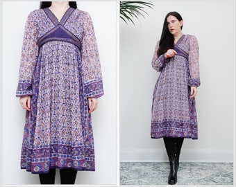 Vintage indio algodón gasa hippie floral folklore algodón vestido 70s