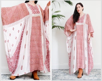 Vintage Indian Cotton Block Kaftan Batik Hippie Angel Sleeve  Bohemian Maxi Dress 70's