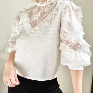 70s White Floral Lace Blouse: Vintage Gothic Prairie Top, Bishop Sleeves