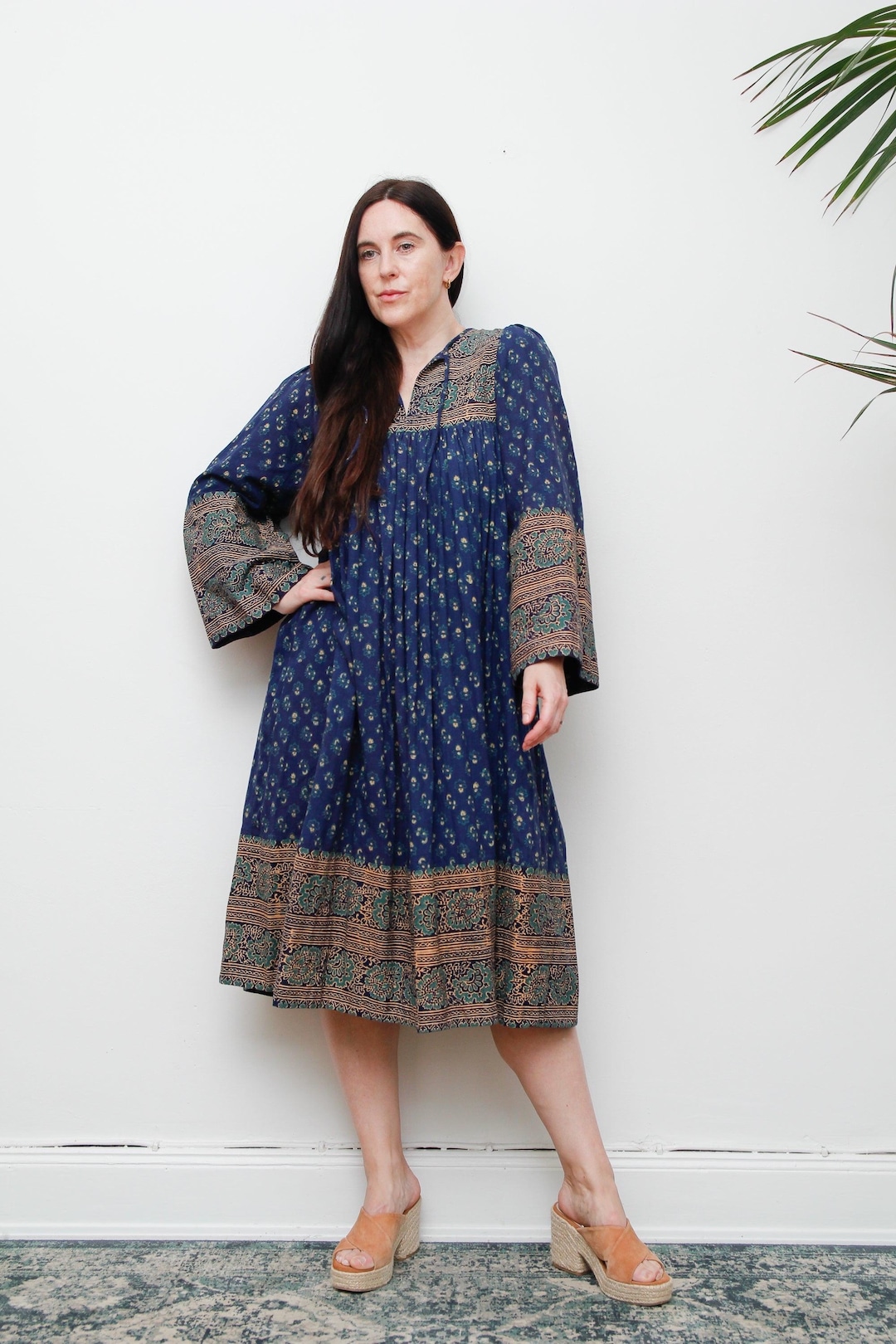 70s Indian Cotton Kaftan Dress: Floral Block Print, Angel Sleeves, Boho ...