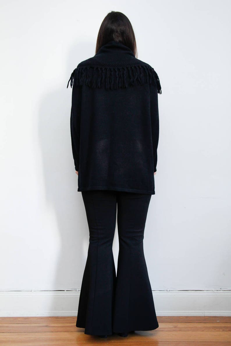 Vintage Fringe Tassel Black Wool Knitted Roll Neck Sweater Jumper 80/'s