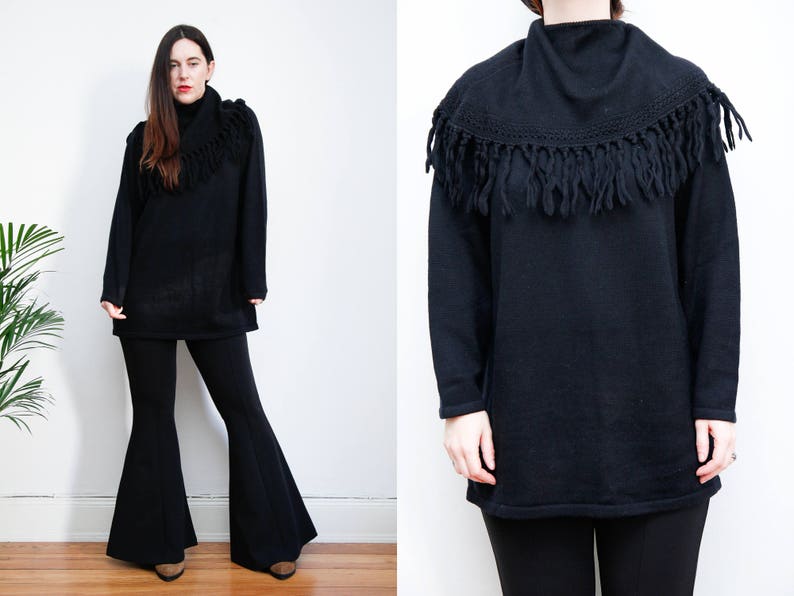 Vintage Fringe Tassel Black Wool Knitted Roll Neck Sweater Jumper 80/'s