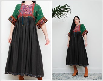 Vintage Grün Floral Afghan Kaftan Folk Folklore Prärie Kleid 70'er Jahre selten