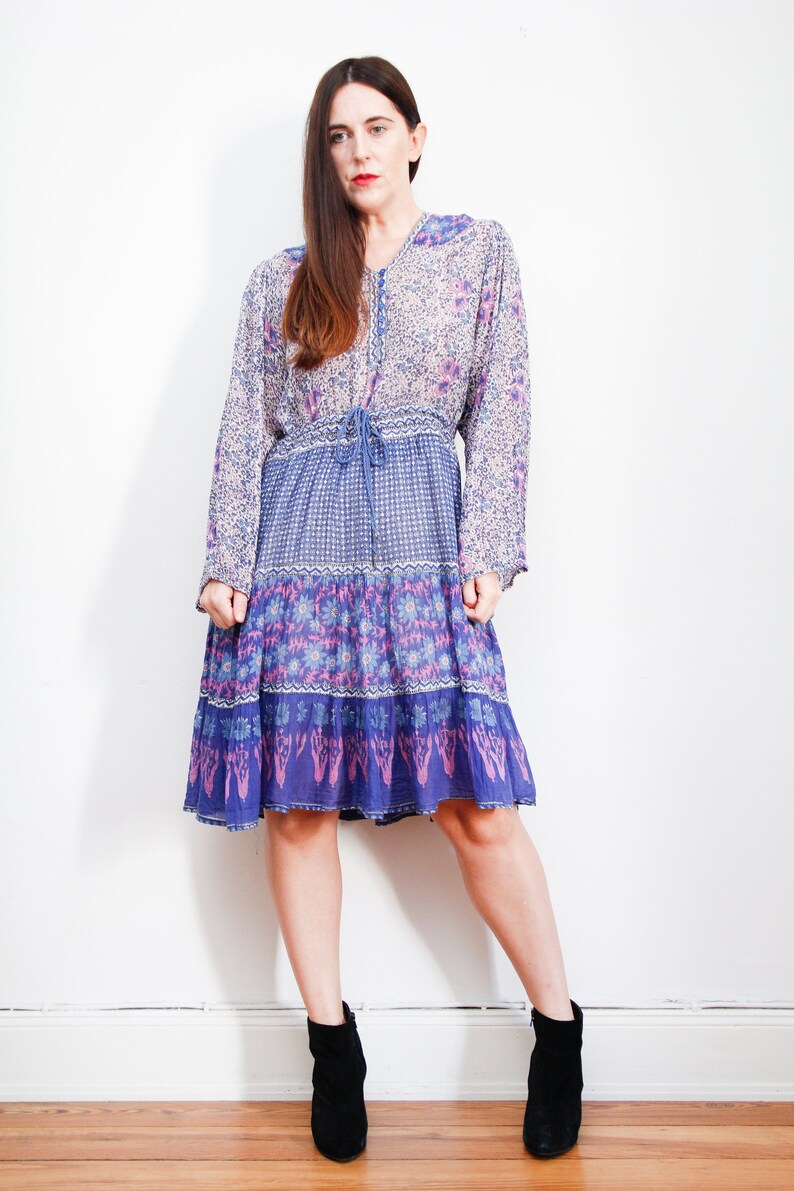 Vintage Indian Cotton Gauze Dress Boho Dress Hippie Dress Ethnic Floral Gauze Cotton Dress 70s