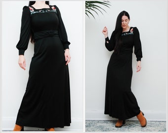 Vintage Black Flroal Art Deco Goddess Gothic Bohemian Maxi Dress 70s