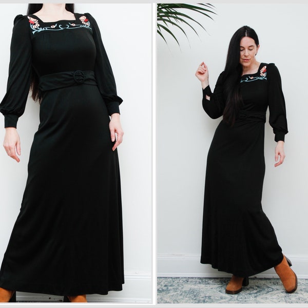 Vintage Black Flroal Art Deco Goddess Gothic Bohemian Maxi Dress 70s