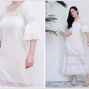 Vintage White Cotton Lace Mexican Wedding Dress Kaftan Oaxaca Dress 70's image 1