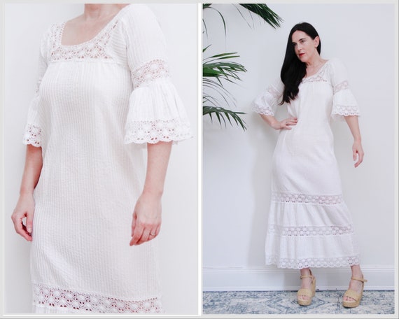 Vintage White Cotton Lace Mexican Wedding  Dress … - image 1