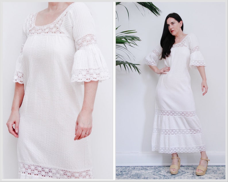 Vintage White Cotton Lace Mexican Wedding Dress Kaftan Oaxaca Dress 70's image 1