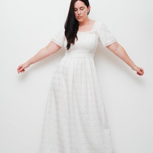 70’s White Cotton ethereal Dress, Wedding, Bohemian, Summer, Prairie Dress with Flute Sleeves Small