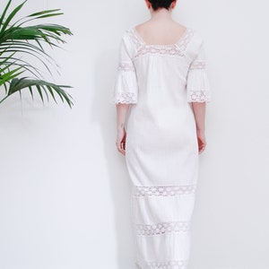 Vintage White Cotton Lace Mexican Wedding Dress Kaftan Oaxaca Dress 70's image 2